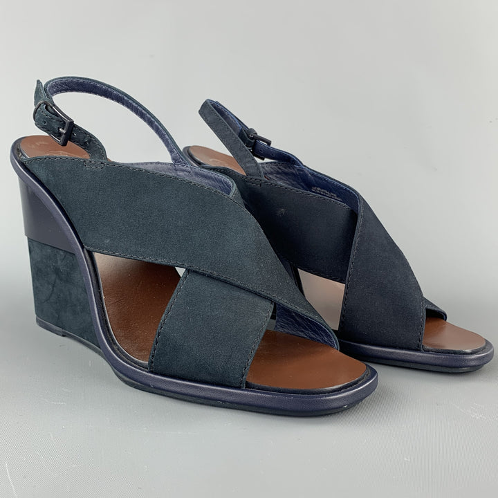 TORY BURCH Size 7 Navy Suede Criss Cross Strap Wedges