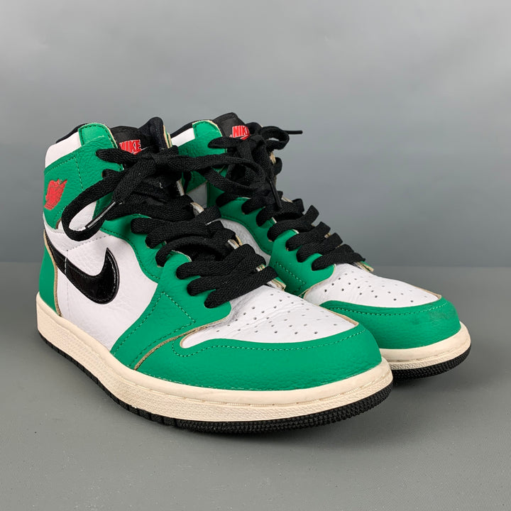 NIKE Size 7.5 Green White Color Block Leather High Top Sneakers