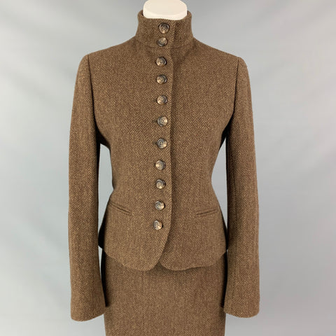 RALPH LAUREN Black Label Size 6 Brown & Taupe Herringbone Wool / Cashmere Skirt Suit