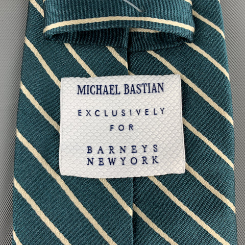 MICHAEL BASTIAN Green & White Diagonal Striped Silk Tie