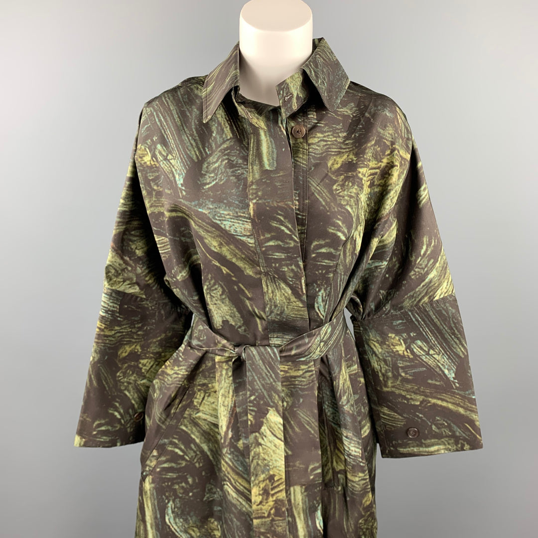 JIL SANDER Size S Olive Print Silk Belted Oversized Coat