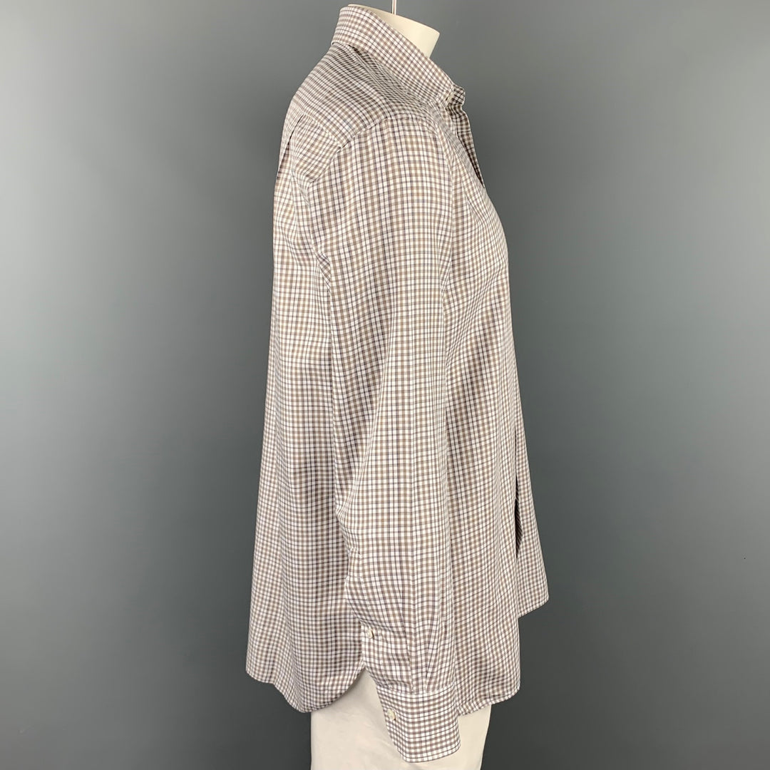 ERMENEGILDO ZEGNA Talla XL Camisa de manga larga de algodón a cuadros blanca y marrón