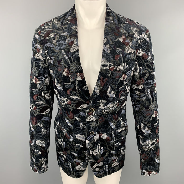 SALVATORE FERRAGAMO 38 / IT 48 Leaf Print Multicolor Velvet Embroidered Sport Coat Jacket