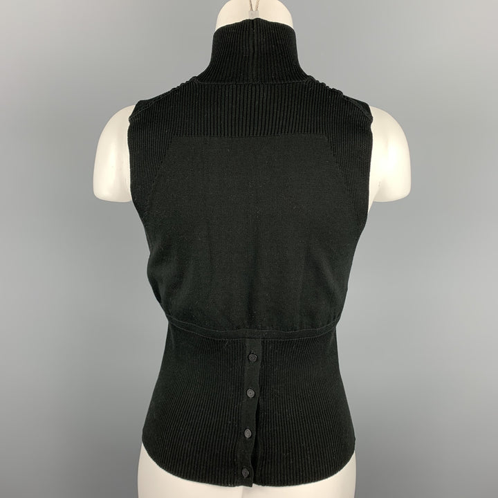 CHANEL Size 8 Black Cotton Ribbed Tutrleneck Sleeveless Pullover