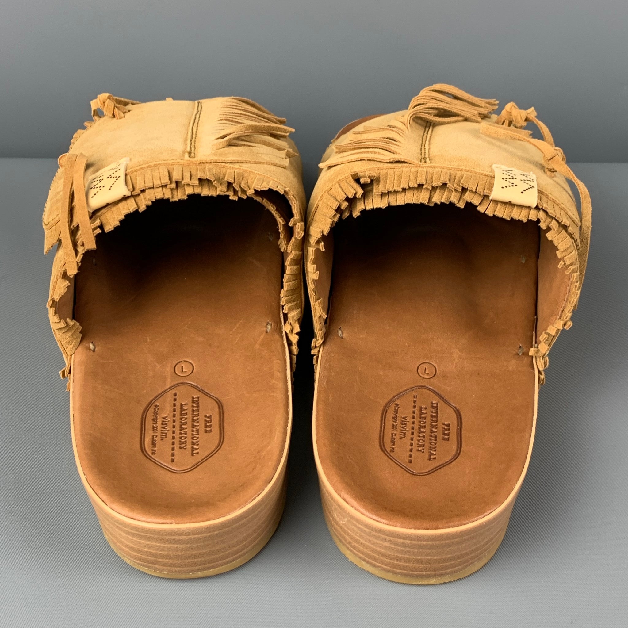 VISVIM Size L Tan Fringe Leather Slip On Sandals