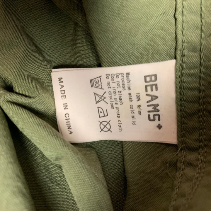BEAMS PLUS Size L Green Nylon Zip & Snaps Hooded Military Jacket