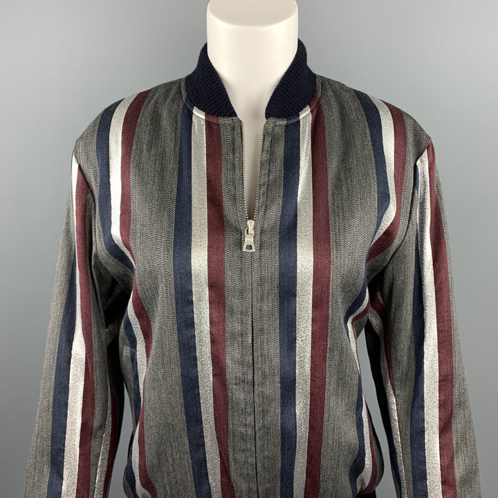 DRIES VAN NOTEN Size M Grey & Navy Stripe Wool Blend Zip Up Jacket