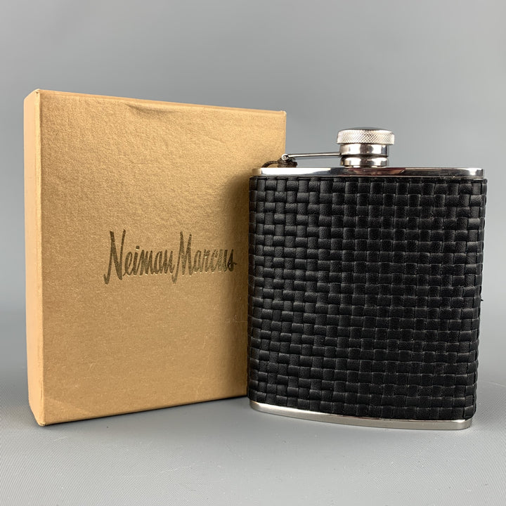 NEIMAN MARCUS Colfax Woven Black Stainless Steel Flask