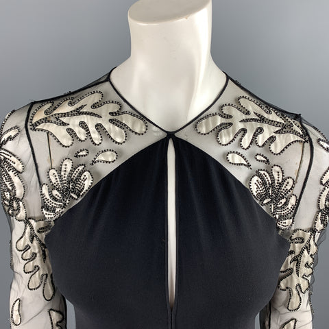 BILL BLASS Size 6 Black Cream Floral Mesh Sleeve Chiffon Gown