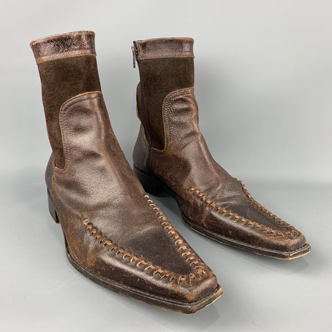 DSQUARED2 Size 12 Brown Leather Side Zipper Stitched Distressed  Boots