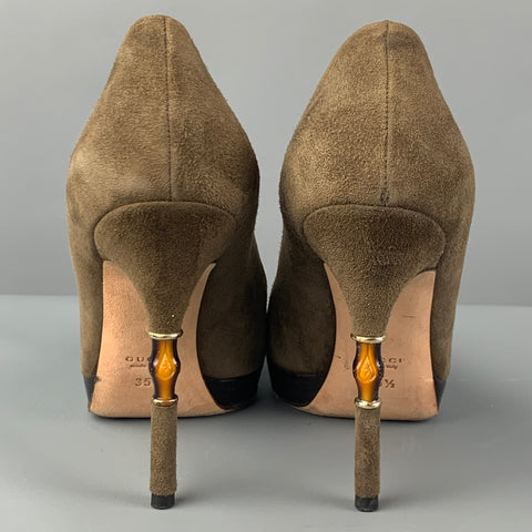 GUCCI Size 5.5 Olive Brown Suede Bamboo Heel Pumps