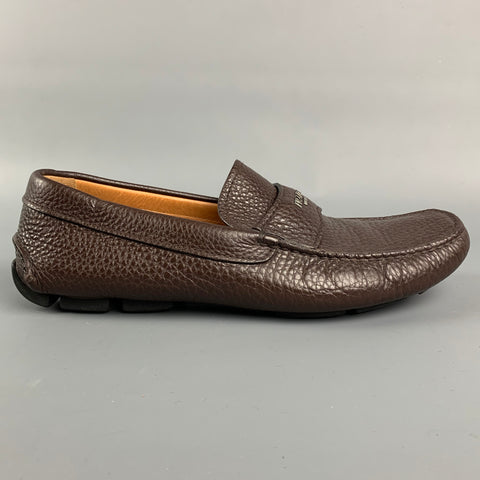 PRADA Size 7 Brown Textured Leather Drivers Loafers