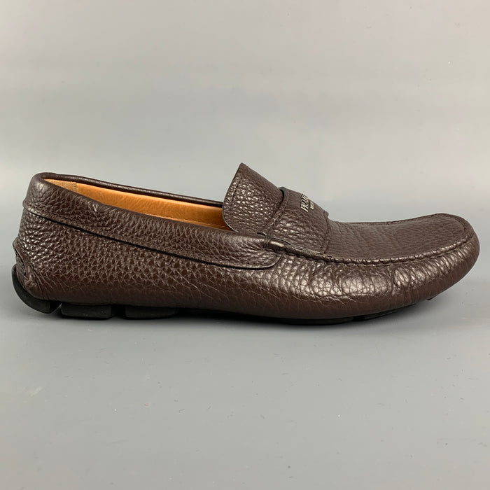 PRADA Size 7 Brown Textured Leather Drivers Loafers