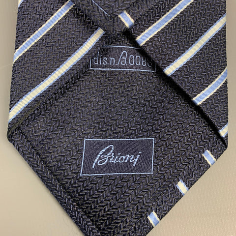 BRIONI Navy & Light Blue Stripe Silk Tie