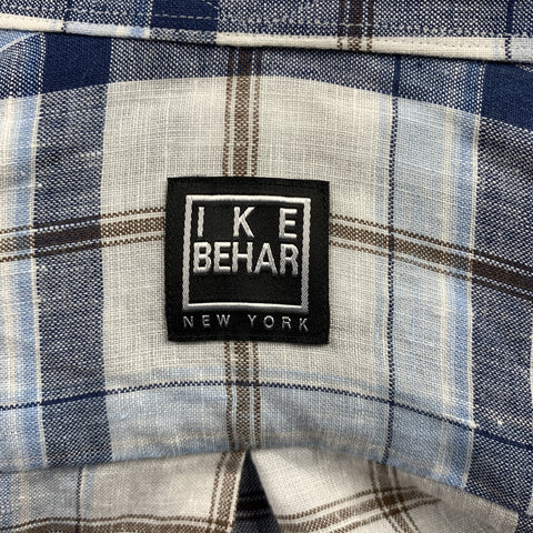 IKE BEHAR Size S Blue & White Plaid Linen Button Down Long Sleeve Shirt