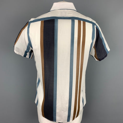 REISS Slim Fit Size L White & Blue Stripe Viscose Short Sleeve Shirt
