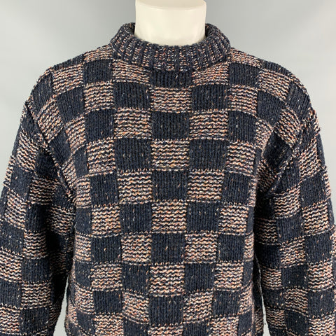 MARNI Size XS Navy & Brick Knitted Checkered Wool Crew-Neck Sweater