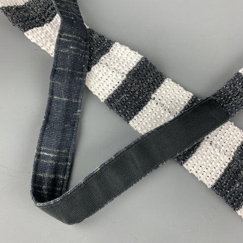 ISAIA Grey & White Striped Cotton / Linen Knit Skinny Tie