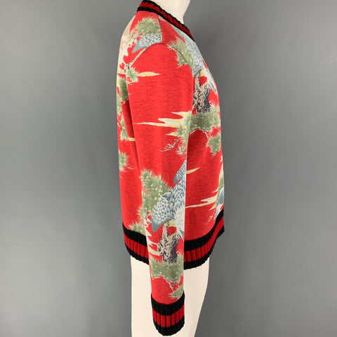 GUCCI Size XL Red Green Khaki Print Modal Crew-Neck Sweatshirt