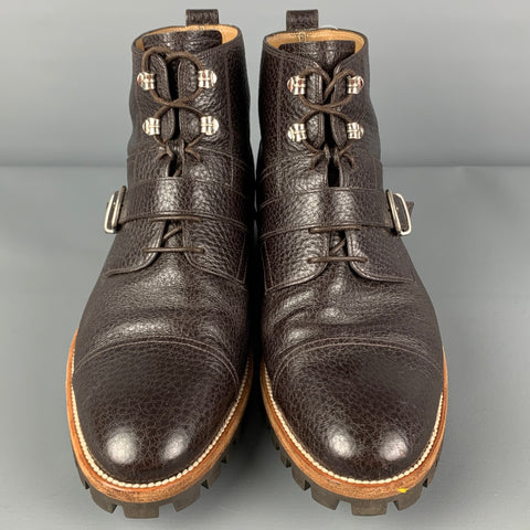BALLY Size 8.5 Brown Pebble Grain Leather Belted Powell Boots