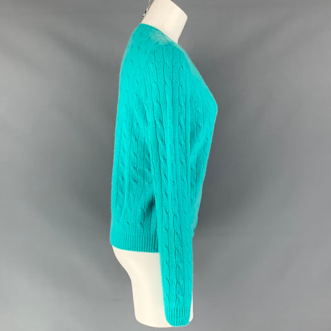 BLACK LABEL RALPH LAUREN Cashmere Cable Knit Size L Aqua Cardigan