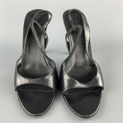 BALENCIAGA Size 8.5 Black Leather Peep Toe Strappy Slingback Sandals