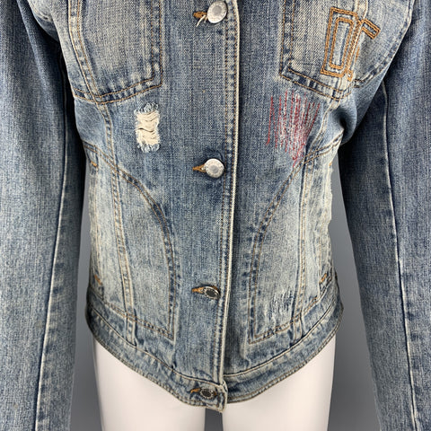 DOLCE & GABBANA Size 10 Blue Denim Fur Collar Trucker Jacket