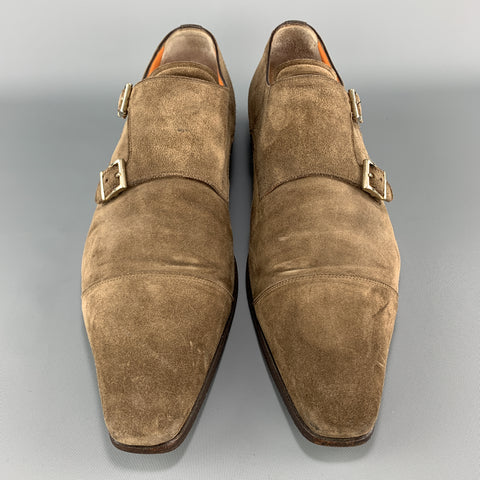 SANTONI Size 11.5 Taupe Suede Double Monk Strap Loafers