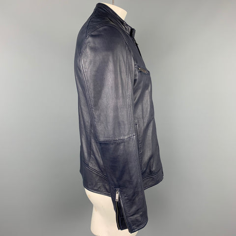 JOHN VARVATOS * U.S.A. Size L Navy Leather Zip Up Jacket
