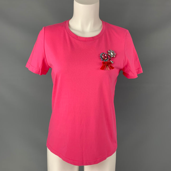 MANOUSH Size S Rose Pink Cotton Embroidered Rhinestones Short Sleeve T-Shirt