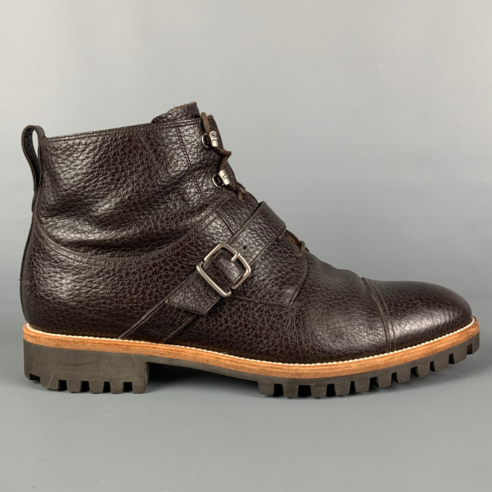 BALLY Size 8.5 Brown Pebble Grain Leather Belted Powell Boots