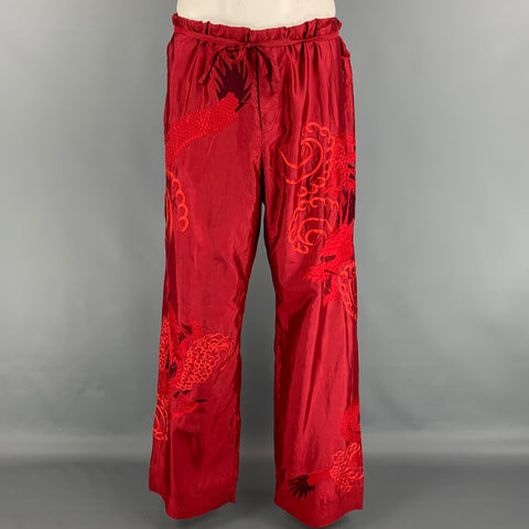 GUCCI by TOM FORD 2001 XL Pantalones de karate de pierna ancha de seda bordados con dragón rojo