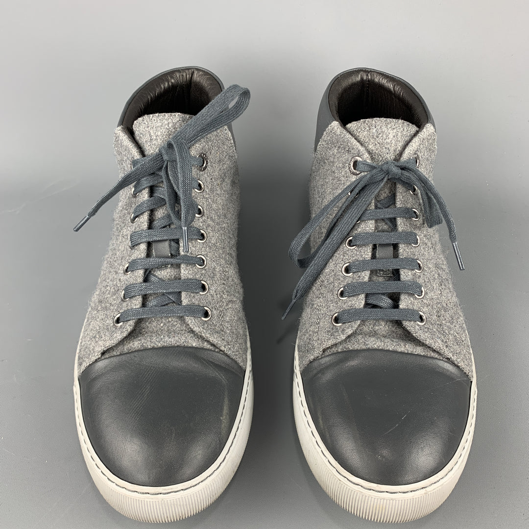 LANVIN Size 11  Gray Wool Lace Up Leather Cap Toe Sneakers