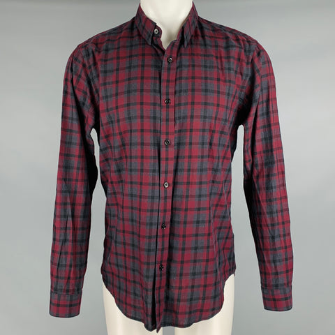 THEORY Size M Burgundy Charcoal Plaid Cotton Button Up Long Sleeve Shirt