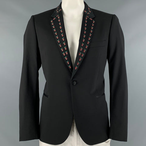 PAUL SMITH Size 44 Black Embroidery Wool Elastane Tuxedo Sport Coat