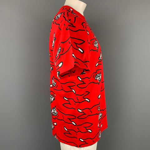 ICECREAM Size L Red & Black Prit Cotton Short Sleeve T-Shirt