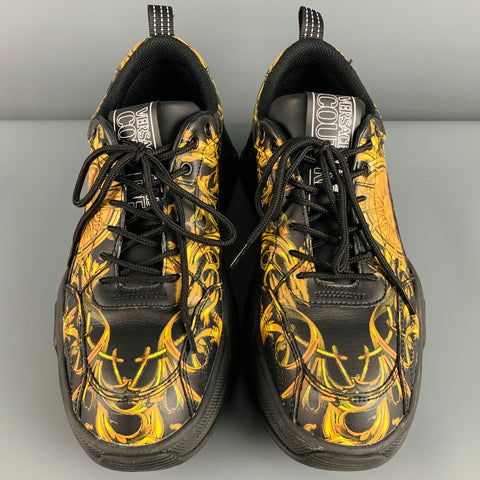 VERSACE JEANS COUTURE Size 10.5 Black Gold Baroque Leather Sneakers