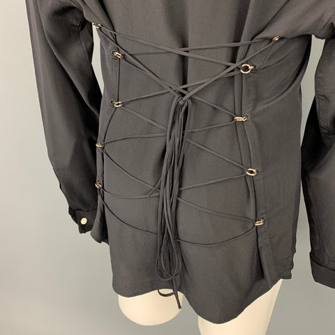 JEAN PAUL GAULTIER Size XL Black Silk French Cuff Corset Back Shirt