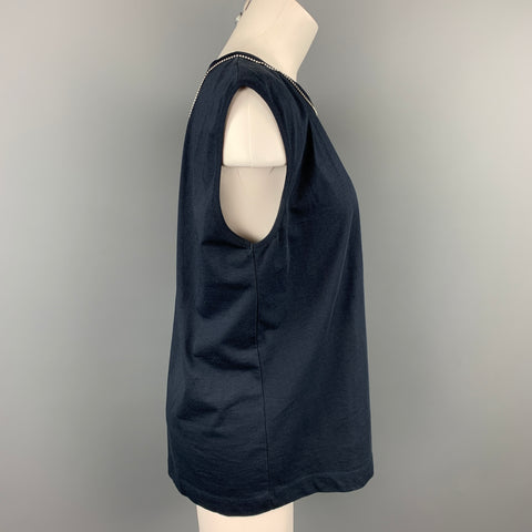 DRIES VAN NOTEN Size L Navy Jersey Cotton Rhinestone T-Shirt