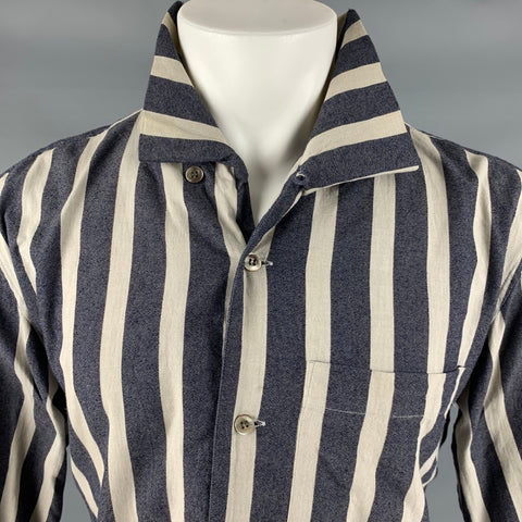 ISSEY MIYAKE Size S Grey Navy Stripe Cotton 3/4 Sleeves Long Sleeve Shirt
