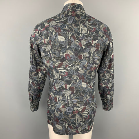 SALVATORE FERRAGAMO Size L Charcoal & Grey Print Cotton Long Sleeve Shirt
