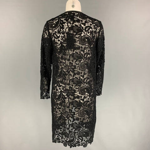 RALPH LAUREN Black Label Size 4 Black Cotton Lace Leather Trim Open Front Coat
