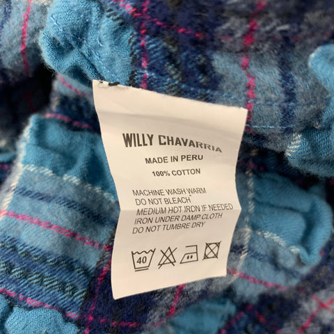 WILLY CHAVARRIA Size M Burgundy Navy Plaid Wrinkled Long Sleeve Shirt