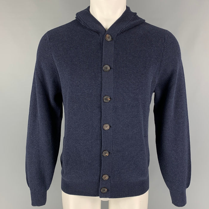 BRUNELLO CUCINELLI  Size L Navy Knitted Cotton Hooded Jacket