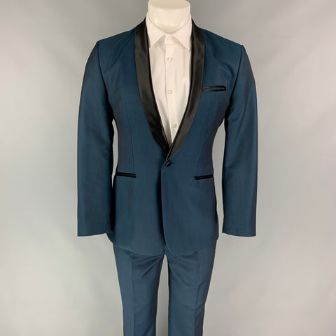 TED BAKER Size 38 Regular Teal & Black Wool / Mohair Tuxedo Suit