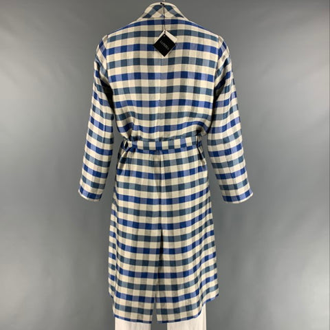 LA PERLA Bata de lino y seda a cuadros, color azul crudo, talla L