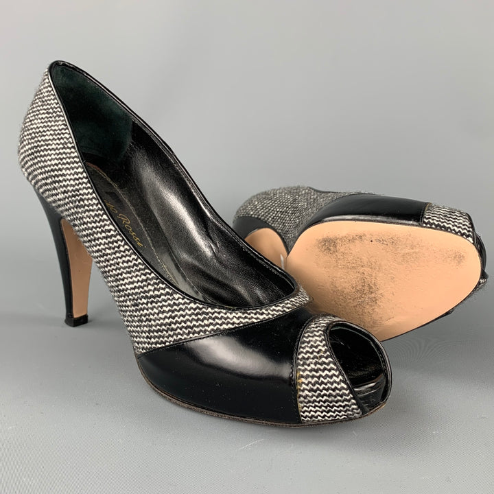GIANVITO ROSSI Size 7 Grey Tweed Patent Leather Tweed Open Toe Pumps
