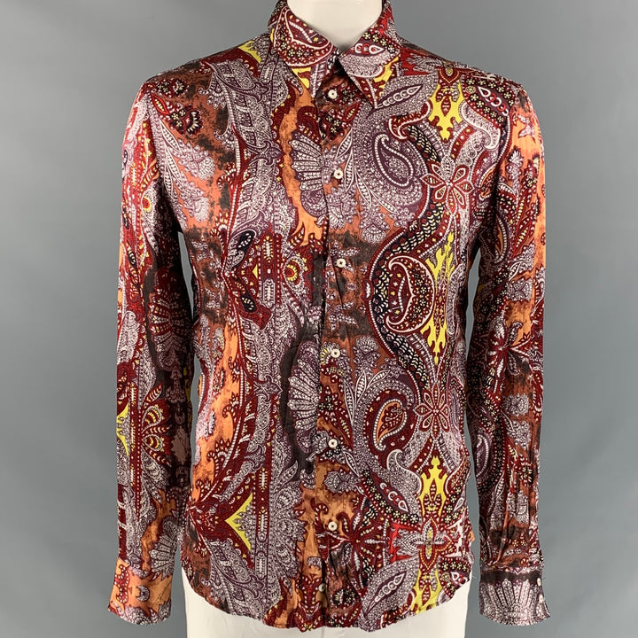 JUST CAVALLI Size L Burgundy & Brown Print Silk Button Up Long Sleeve Shirt