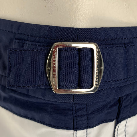 ORLEBAR BROWN Size 38 Navy White Stripe Nylon Side Tabs Swim Trunks