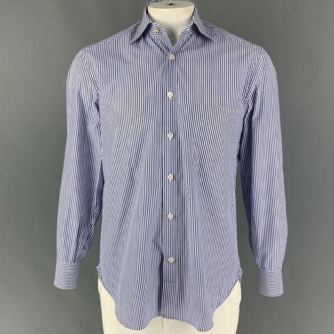 KITON Size M White Navy Stripe Cotton Long Sleeve Shirt